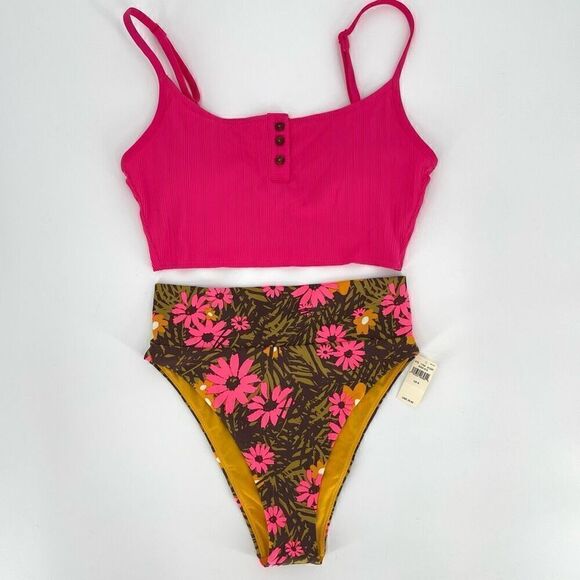 Aerie Scoop Longline Ribbed Top Swimsuit Set High Cut Cheeky Bottom Pink Small - Picture 1 of 7
